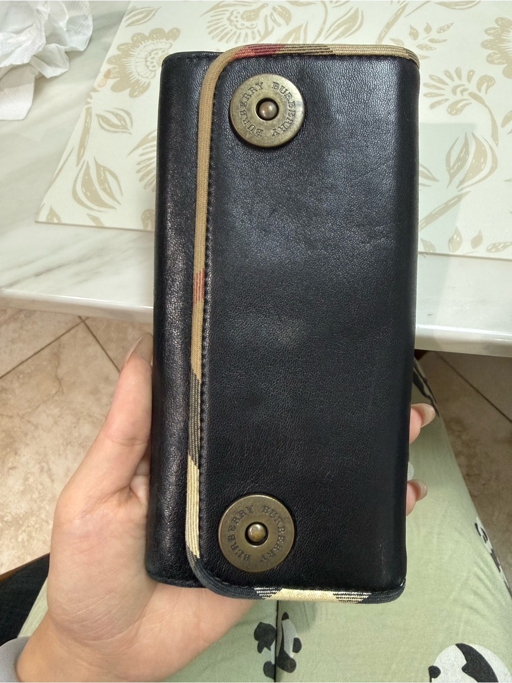Burberry Black Leather Continental Wallet with Signature Trim